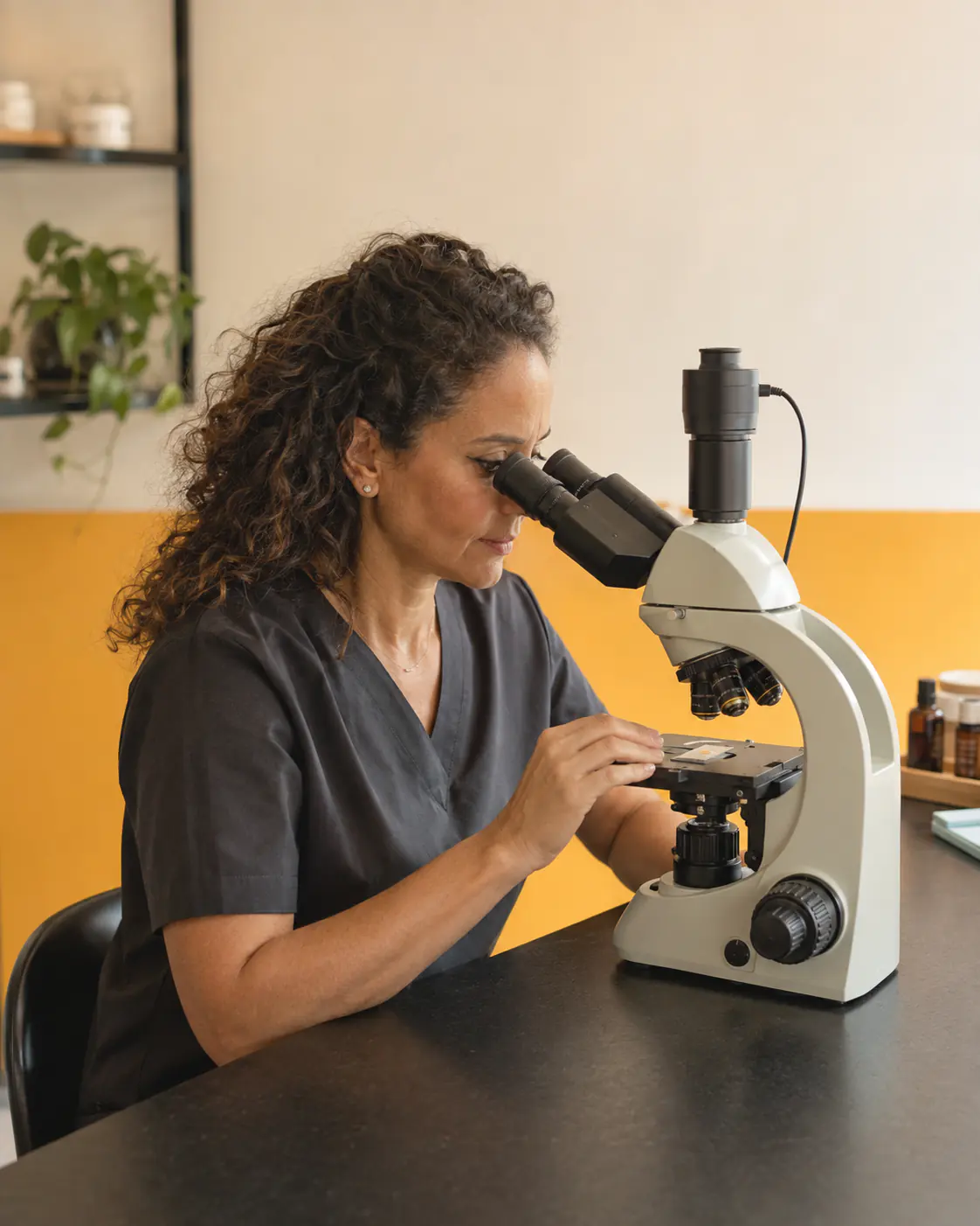 Veterinária fictícia observando uma lâmina no microscópio, em consultório amarelo e grafite
