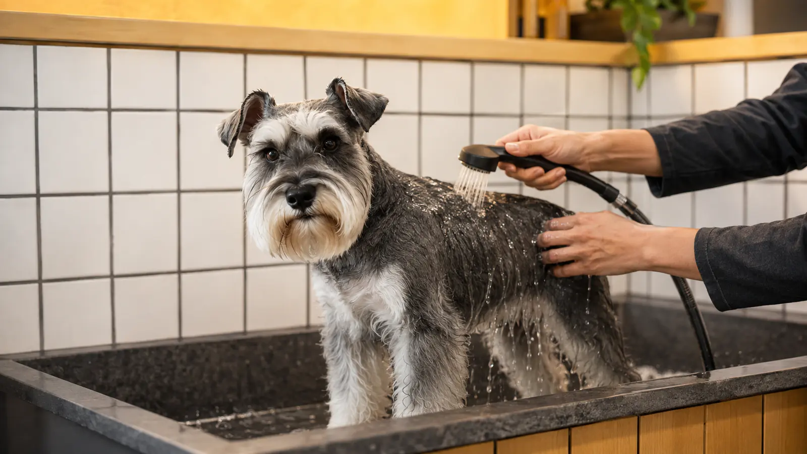Schnauzer fictício recebendo enxágue cuidadoso em bancada de banho