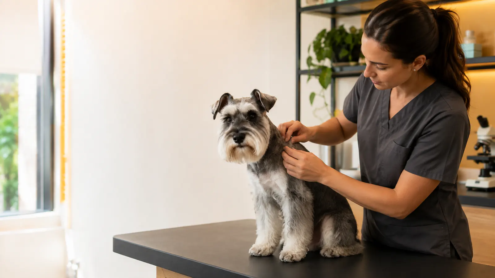 Veterinária fictícia avaliando o pelo de um schnauzer no consultório
