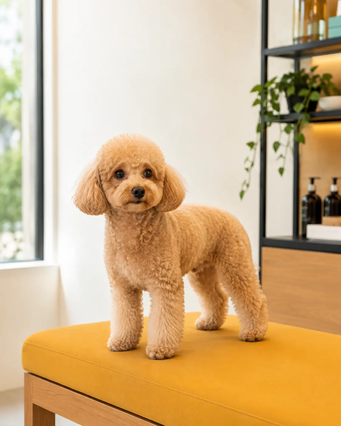 Poodle fictício sobre banco amarelo em ambiente claro