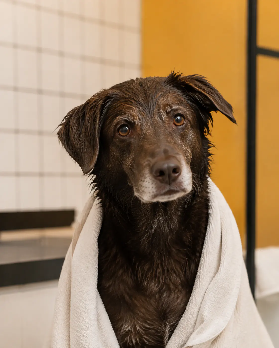 Cão mestiço sênior fictício envolto em toalha branca após o banho