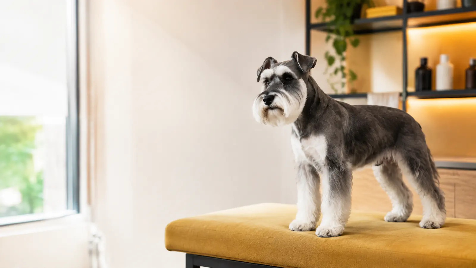Schnauzer fictício após o cuidado, sobre banco amarelo
