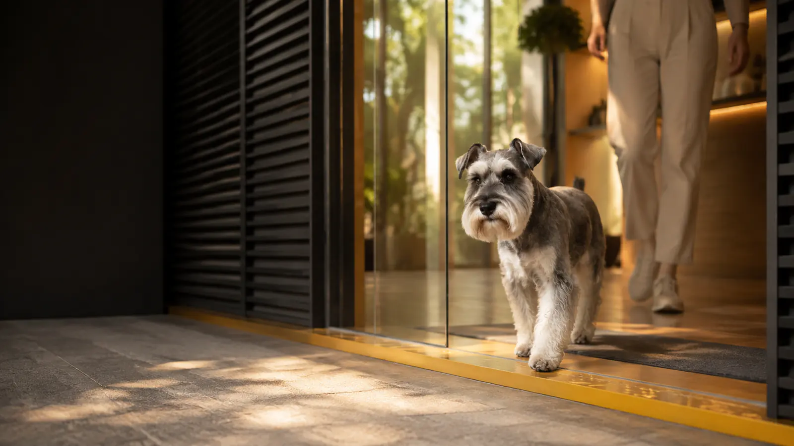 Schnauzer fictício atravessando a porta de vidro de um espaço contemporâneo